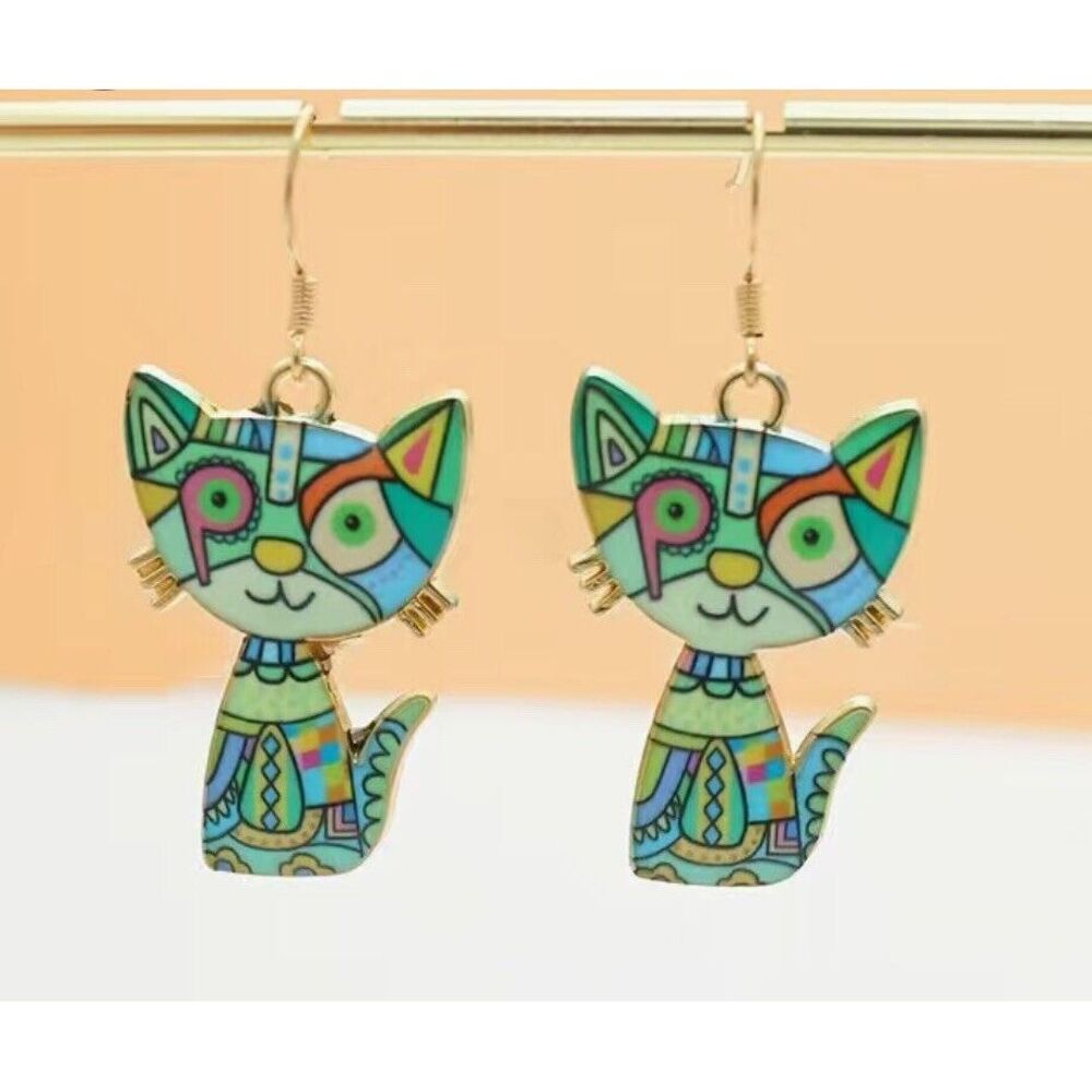 Cute Picasso green art Cat Drop‎ Dangle Earrings